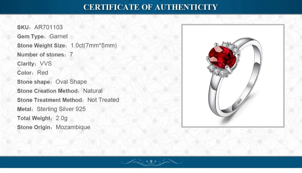 Oval Natural Red Garnet 925 Sterling Silver Rings for Women