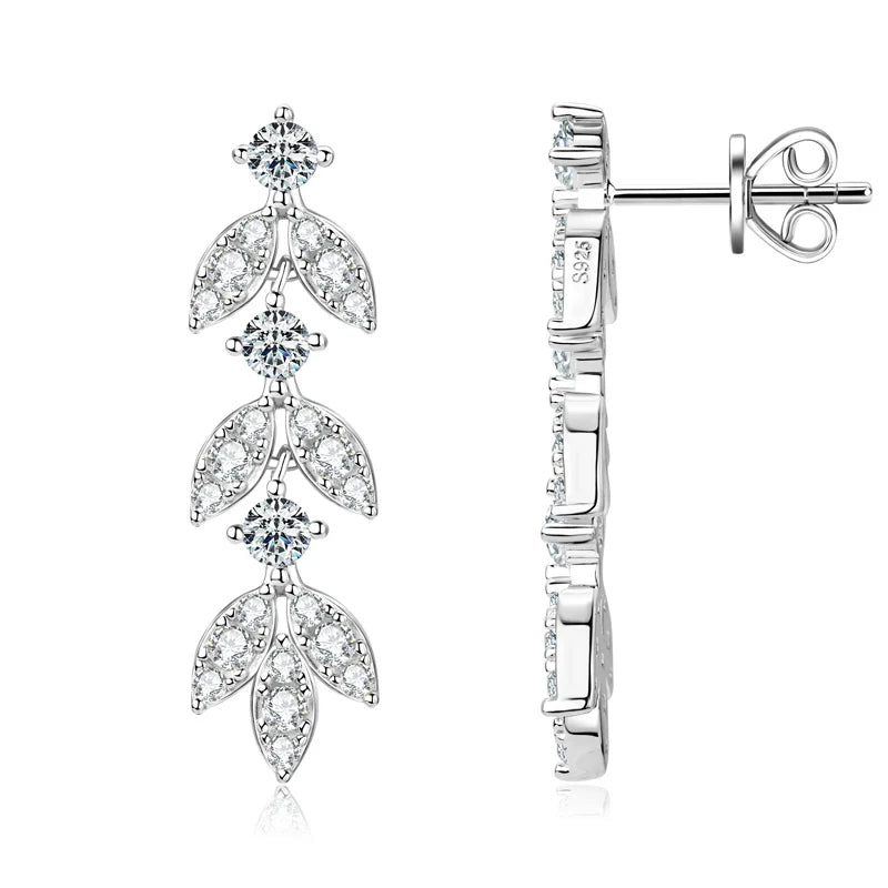 High Quality Silver 925 Drop Dangle Earrings for Women Real 3.0mm D Color Moissanite Diamond Delicate Leaf-Shape Stud Earrings