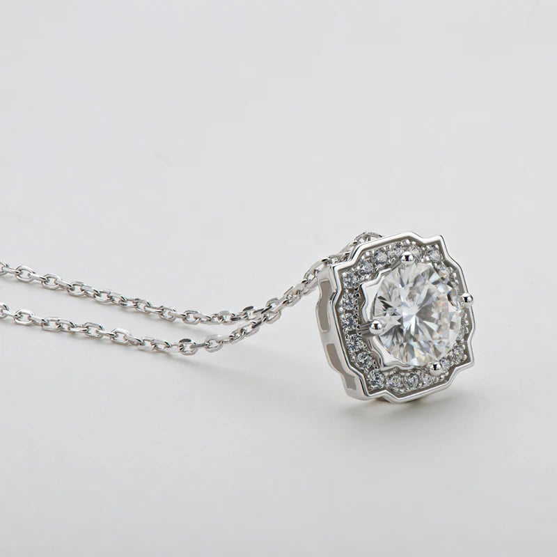 D Color 1.0ct Round Cut Moissanite Halo Pendant Necklace - 925 Silver Jewelry for Women