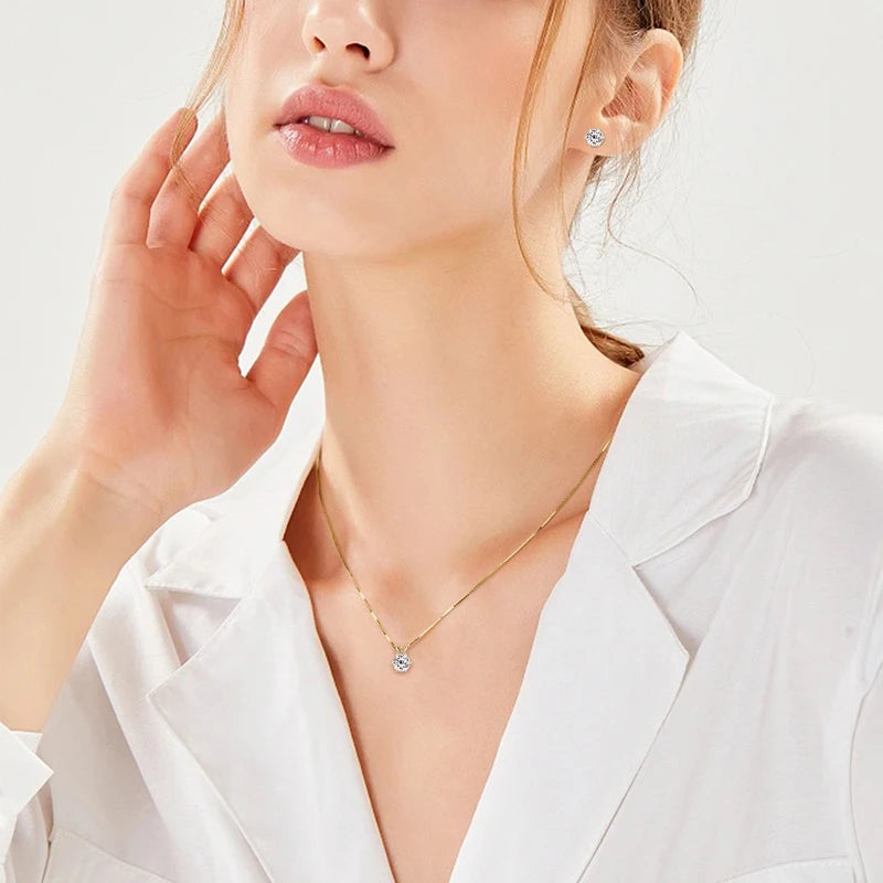 Real 925 Silver Moissanite Jewelry Set Gold Plated 0.5-2ct Stud Earrings Solitaire Pendant Necklace Set for Women Men Gift