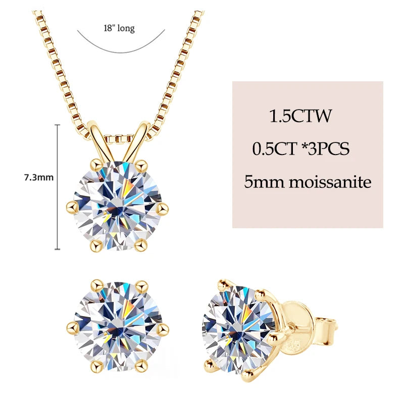 Real 925 Silver Moissanite Jewelry Set Gold Plated 0.5-2ct Stud Earrings Solitaire Pendant Necklace Set for Women Men Gift