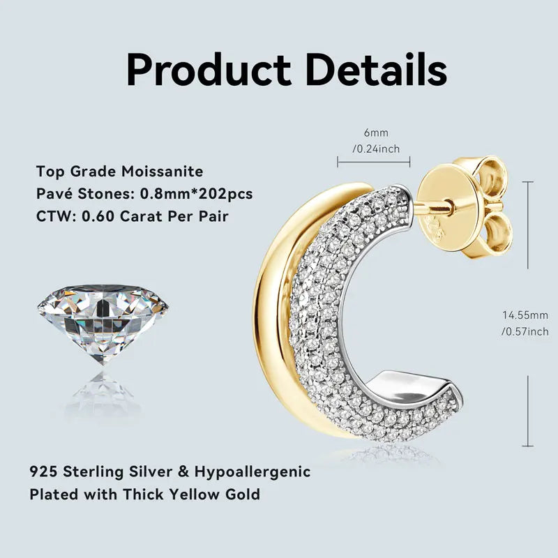 Trendy Pave Moissanite Open Hoop Earrings Stud for Women Real 925 Sterling Silver Luxury C Shape Wedding Earring Gift