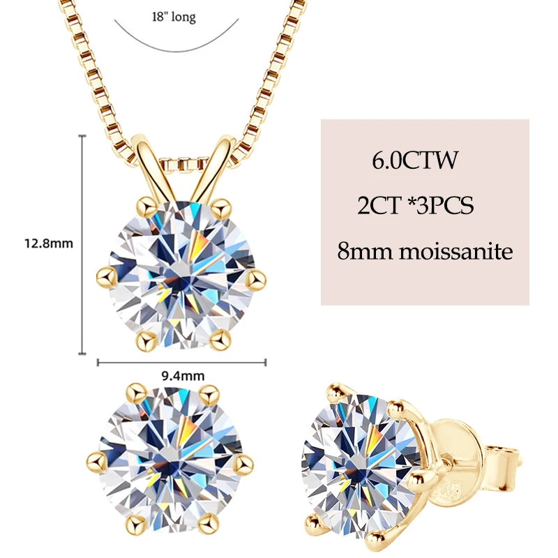 Real 925 Silver Moissanite Jewelry Set Gold Plated 0.5-2ct Stud Earrings Solitaire Pendant Necklace Set for Women Men Gift