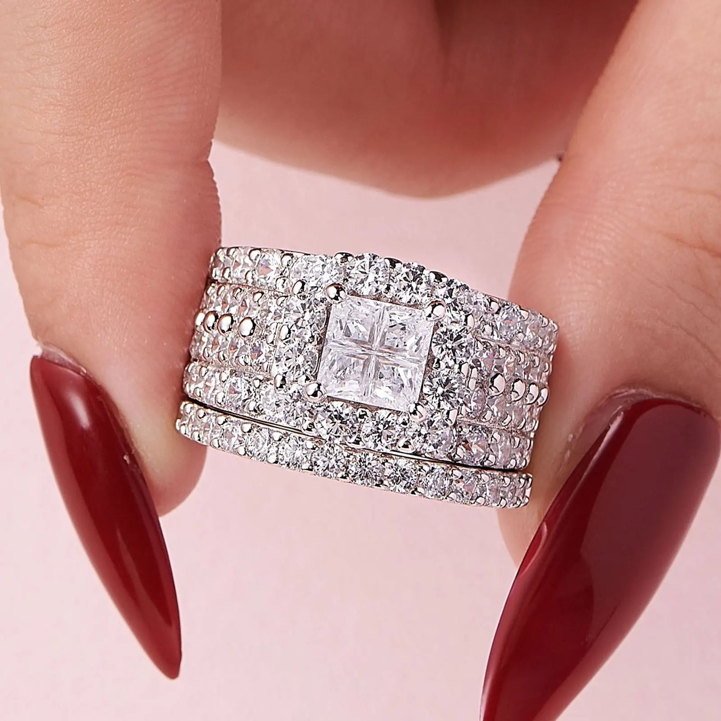 Halo Wedding Rings For Women 4 Carats Cross Cut AAAAA ZK Classic Jewelry 925 Sterling Silver Ring Set