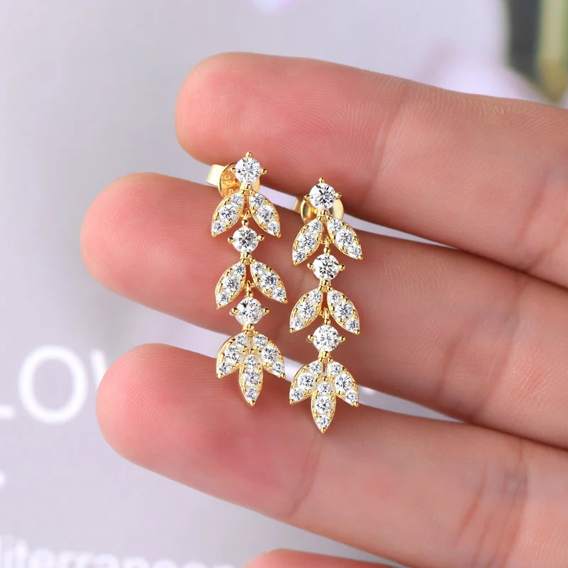 High Quality Silver 925 Drop Dangle Earrings for Women Real 3.0mm D Color Moissanite Diamond Delicate Leaf-Shape Stud Earrings