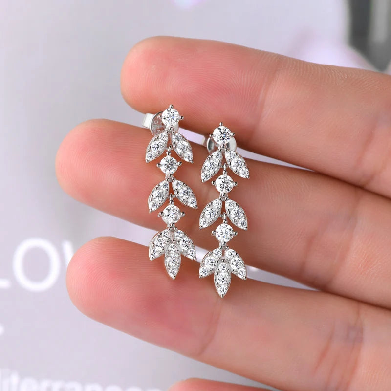 High Quality Silver 925 Drop Dangle Earrings for Women Real 3.0mm D Color Moissanite Diamond Delicate Leaf-Shape Stud Earrings