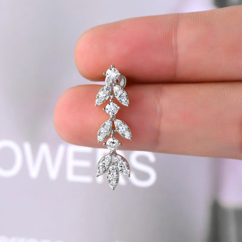 High Quality Silver 925 Drop Dangle Earrings for Women Real 3.0mm D Color Moissanite Diamond Delicate Leaf-Shape Stud Earrings