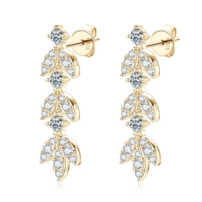 High Quality Silver 925 Drop Dangle Earrings for Women Real 3.0mm D Color Moissanite Diamond Delicate Leaf-Shape Stud Earrings