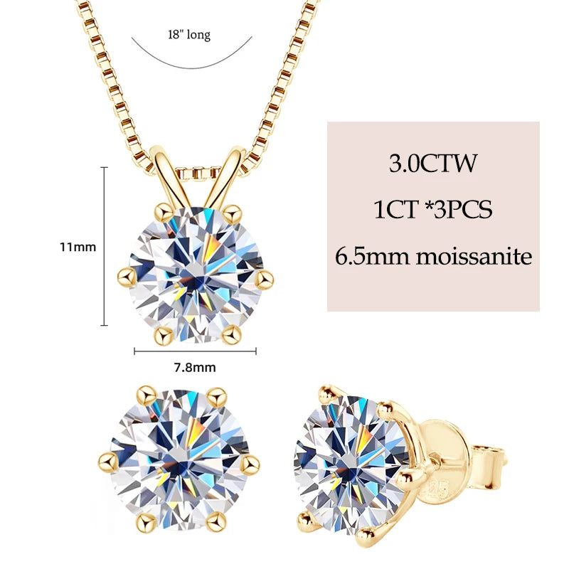 Real 925 Silver Moissanite Jewelry Set Gold Plated 0.5-2ct Stud Earrings Solitaire Pendant Necklace Set for Women Men Gift