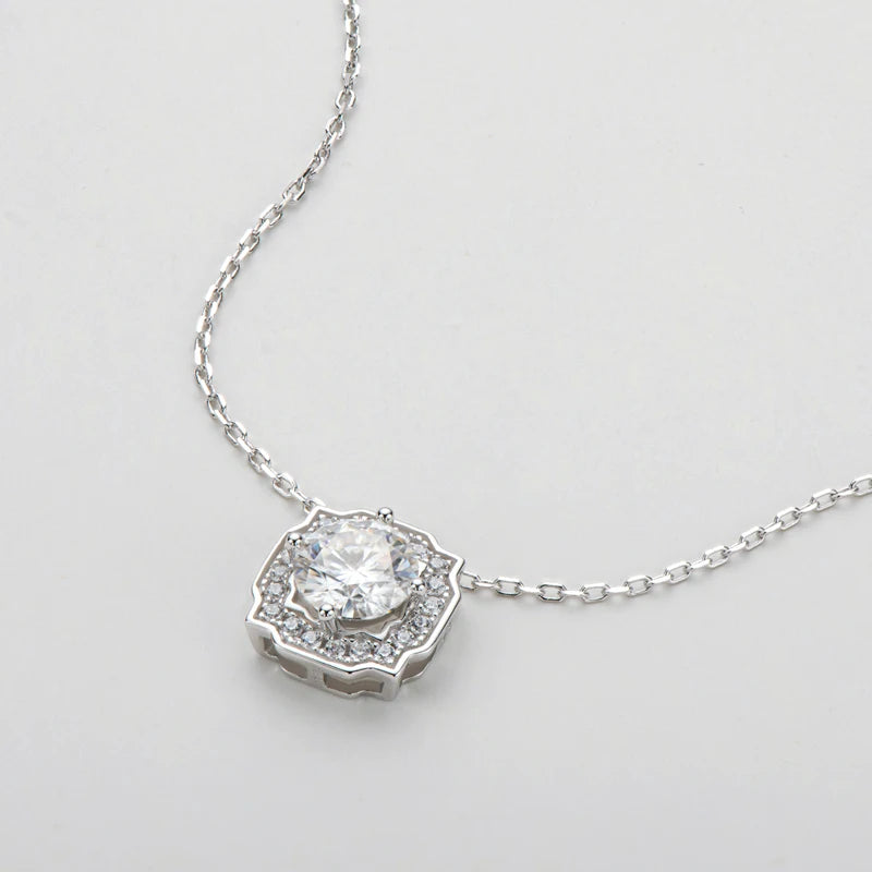 D Color 1.0ct Round Cut Moissanite Halo Pendant Necklace - 925 Silver Jewelry for Women