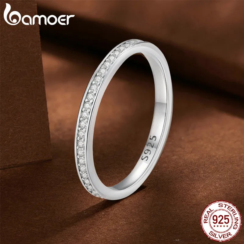 BAMOER Moissanite Wedding Band 925 Sterling Silver Eternity Rings Platinum Plated Lab Created Diamond Stackable Ring for Women