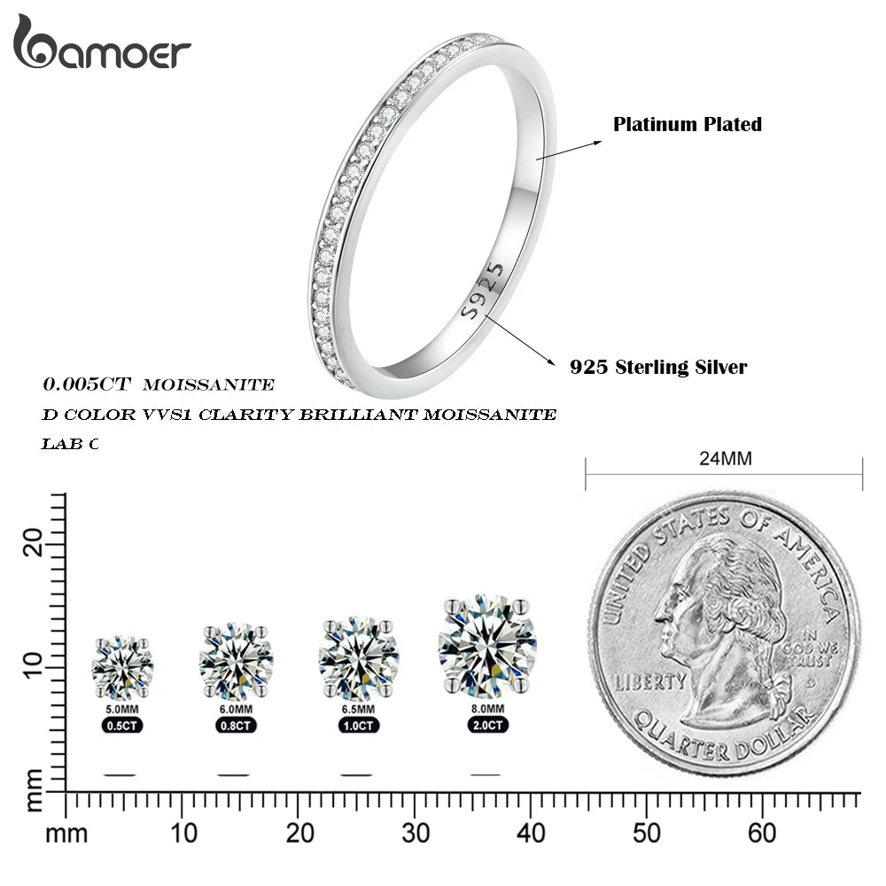 BAMOER Moissanite Wedding Band 925 Sterling Silver Eternity Rings Platinum Plated Lab Created Diamond Stackable Ring for Women