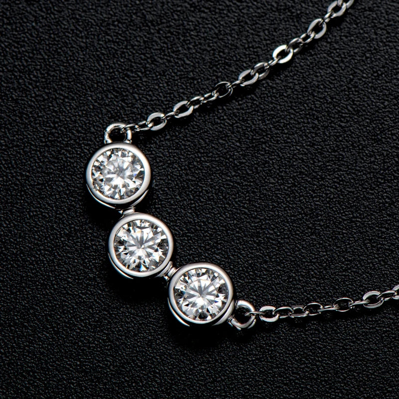 Luxury 3 Stone Pendant Necklace - Round Cut 4mm Moissanite Bezel Setting - Women's Necklace - 925 Sterling Silver