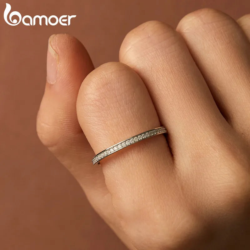 BAMOER Moissanite Wedding Band 925 Sterling Silver Eternity Rings Platinum Plated Lab Created Diamond Stackable Ring for Women
