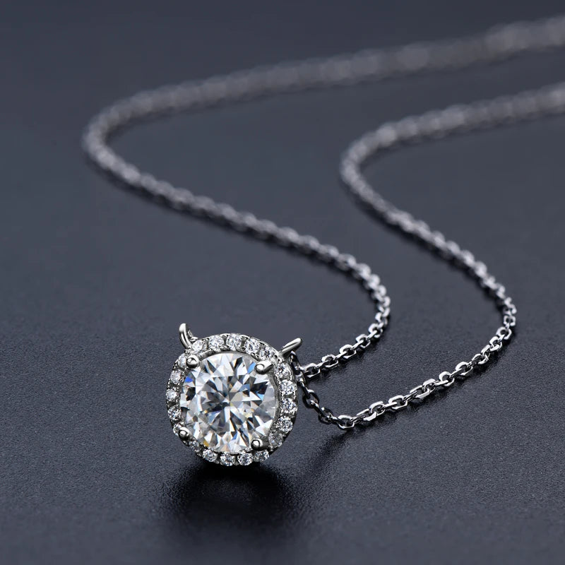 D Color VVS1 Moissanite Halo Pendant Necklace for Women - 1.0 Carat, Sterling Silver 925 Jewelry Gift