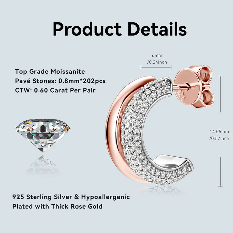 Trendy Pave Moissanite Open Hoop Earrings Stud for Women Real 925 Sterling Silver Luxury C Shape Wedding Earring Gift