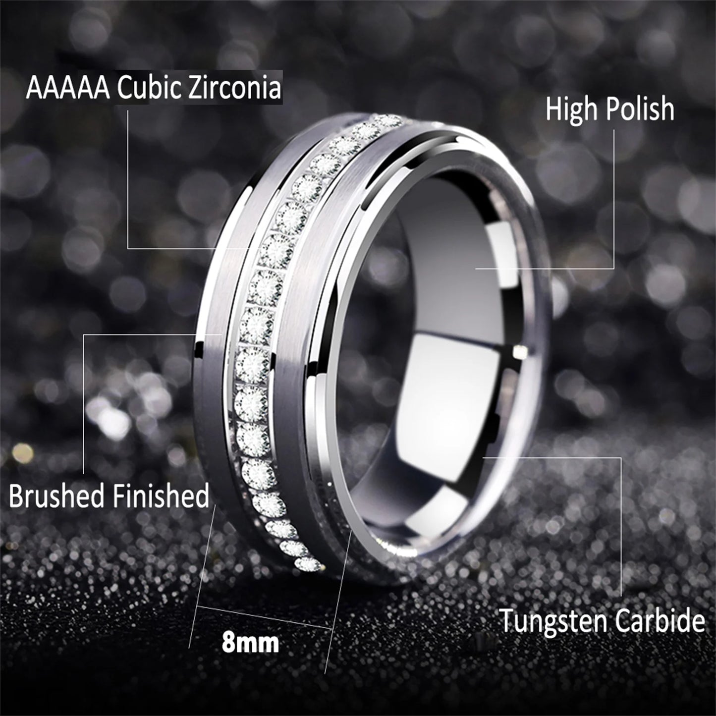 Men's Promise Wedding Band Brushed Finished Tungsten Carbide Rings for Men Charm Half Eternity Round Zircon Jewelry