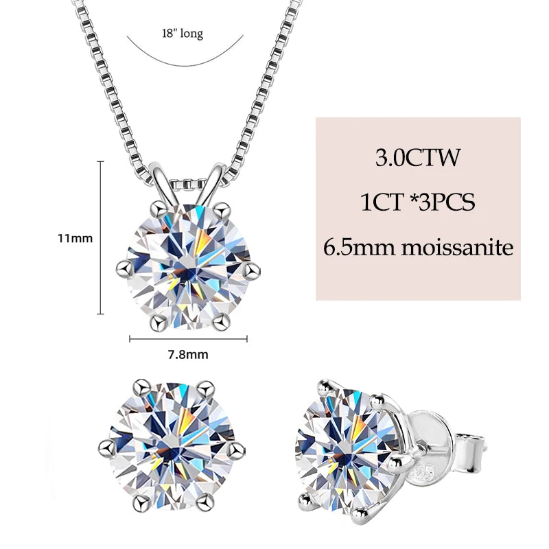 Real 925 Silver Moissanite Jewelry Set Gold Plated 0.5-2ct Stud Earrings Solitaire Pendant Necklace Set for Women Men Gift