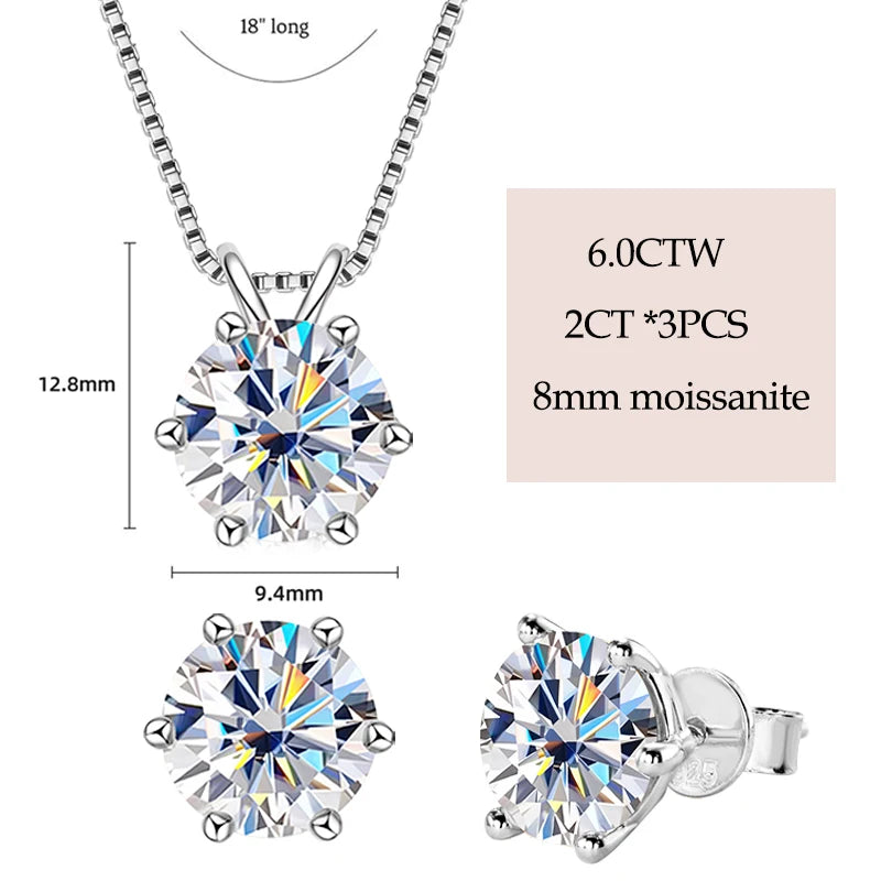 Real 925 Silver Moissanite Jewelry Set Gold Plated 0.5-2ct Stud Earrings Solitaire Pendant Necklace Set for Women Men Gift