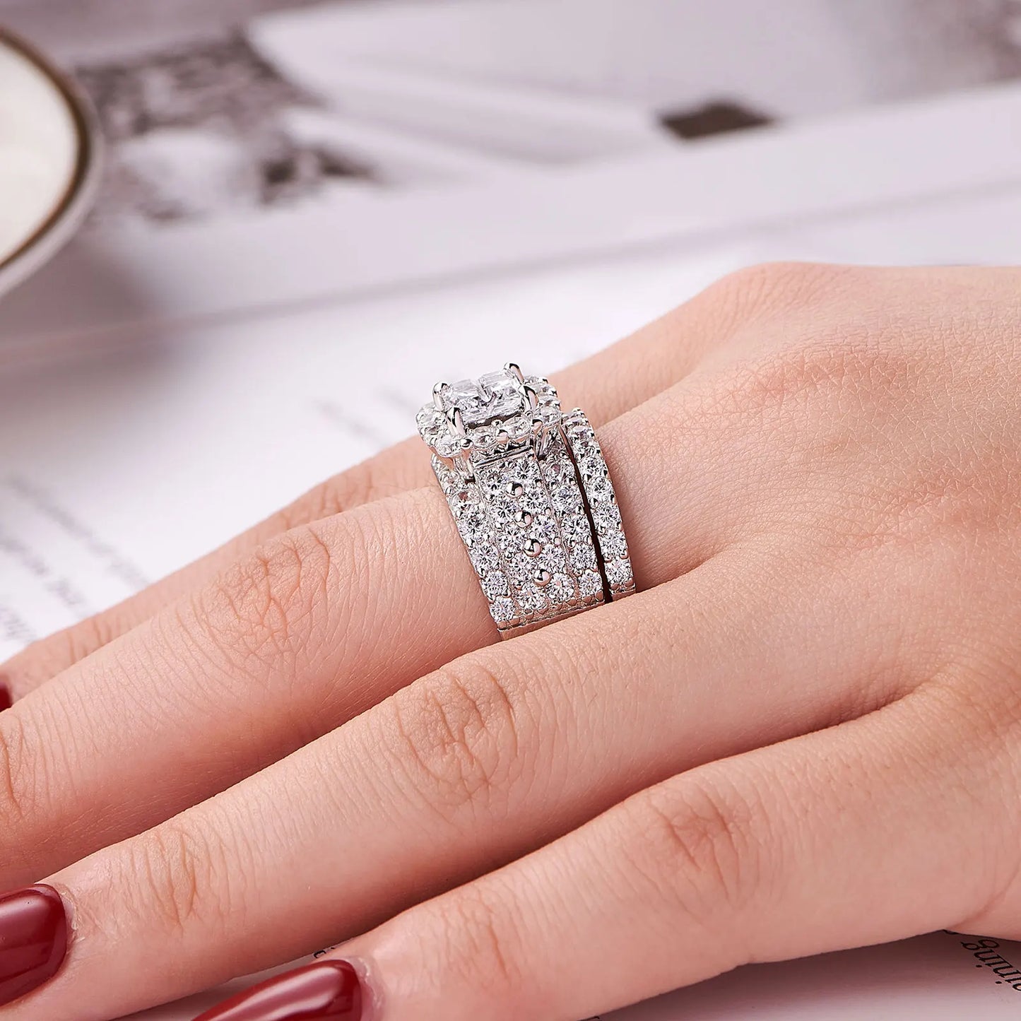 Halo Wedding Rings For Women 4 Carats Cross Cut AAAAA ZK Classic Jewelry 925 Sterling Silver Ring Set
