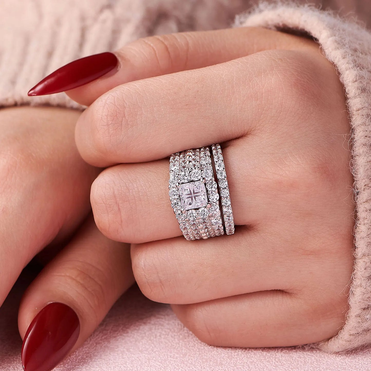 Halo Wedding Rings For Women 4 Carats Cross Cut AAAAA ZK Classic Jewelry 925 Sterling Silver Ring Set