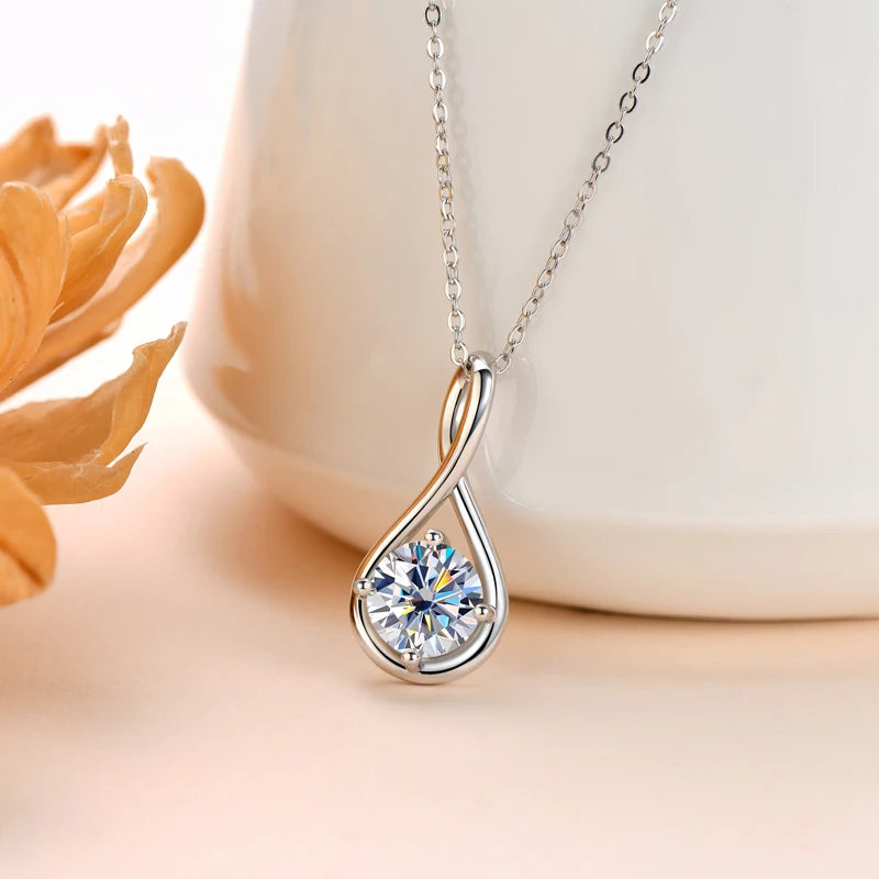 Infinity Pendant Necklace - 8.0mm 2.0 Carat D Moissanite, 925 Silver, Women's Charm Jewelry, Wedding Gift