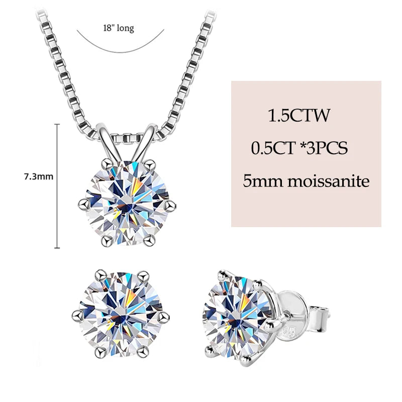 Real 925 Silver Moissanite Jewelry Set Gold Plated 0.5-2ct Stud Earrings Solitaire Pendant Necklace Set for Women Men Gift