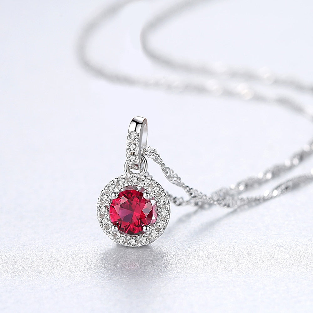 S925 Silver Round Lab Gemstone Pendant Necklace