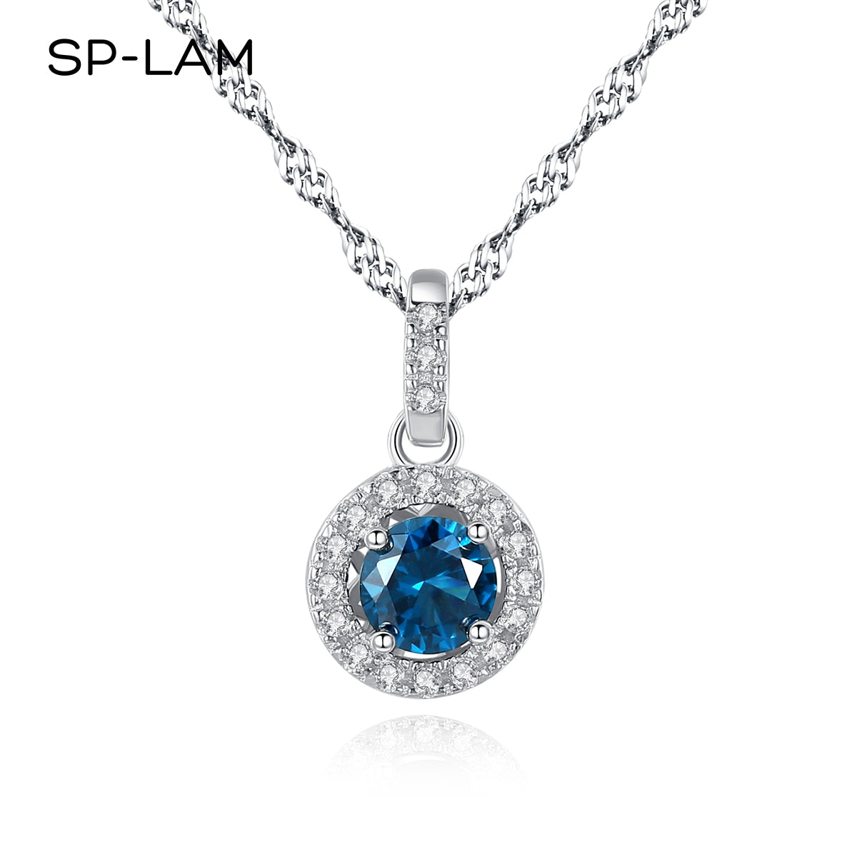 S925 Silver Round Lab Gemstone Pendant Necklace