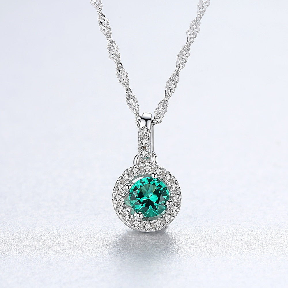 S925 Silver Round Lab Gemstone Pendant Necklace