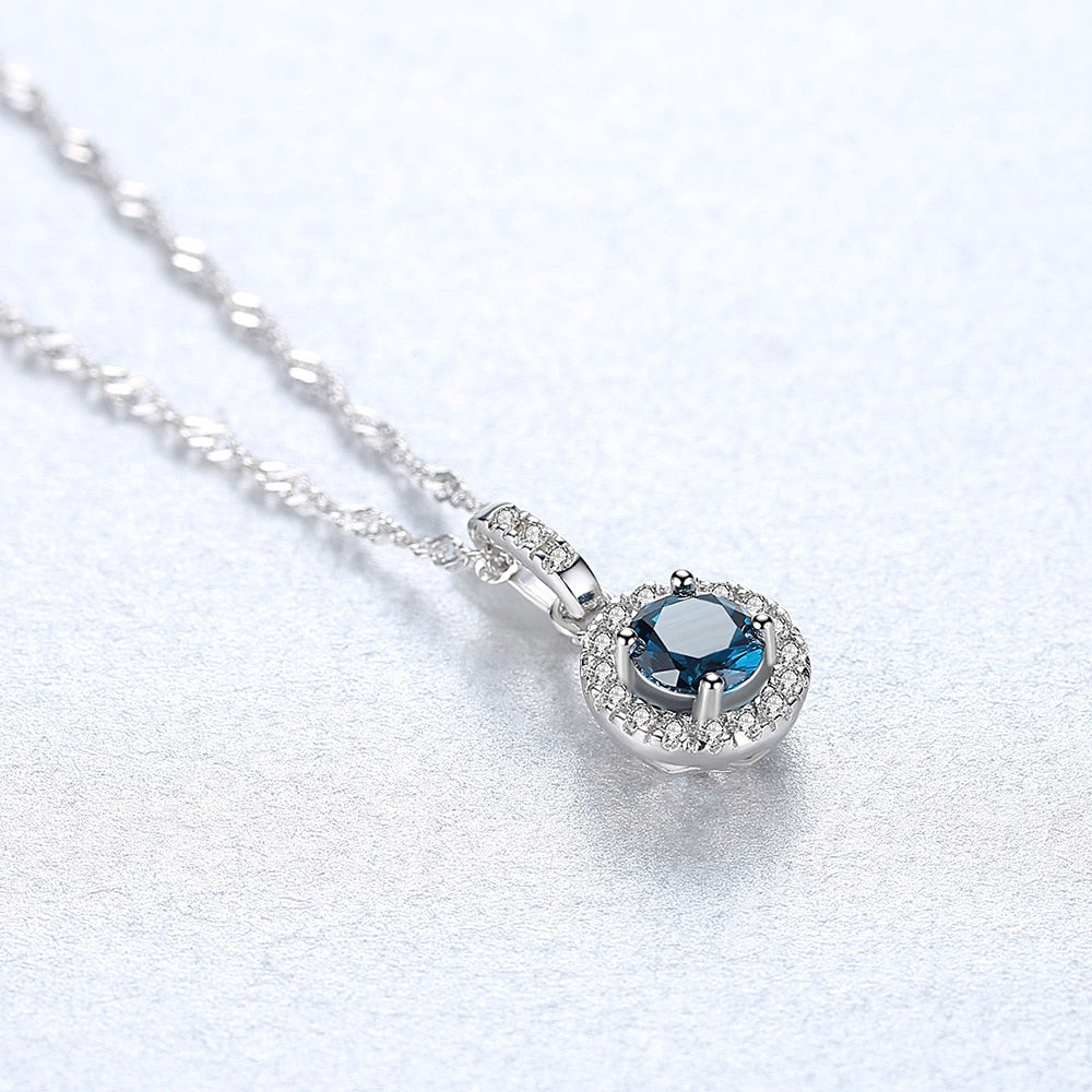 S925 Silver Round Lab Gemstone Pendant Necklace