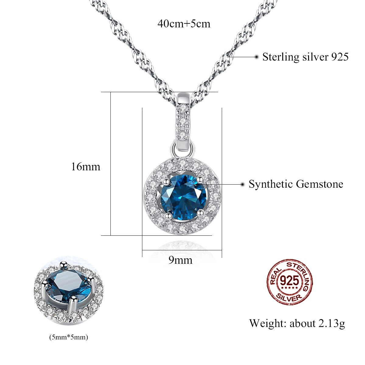S925 Silver Round Lab Gemstone Pendant Necklace