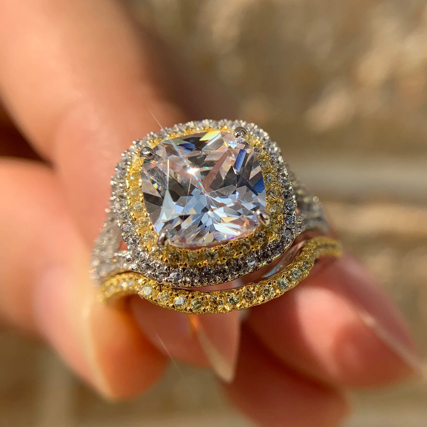 925 Silver Jewelry Engagement Rings Halo Yellow Gold Wedding Band Bridal Set for Women 1.8Ct Cushion Cut AAAAA CZ