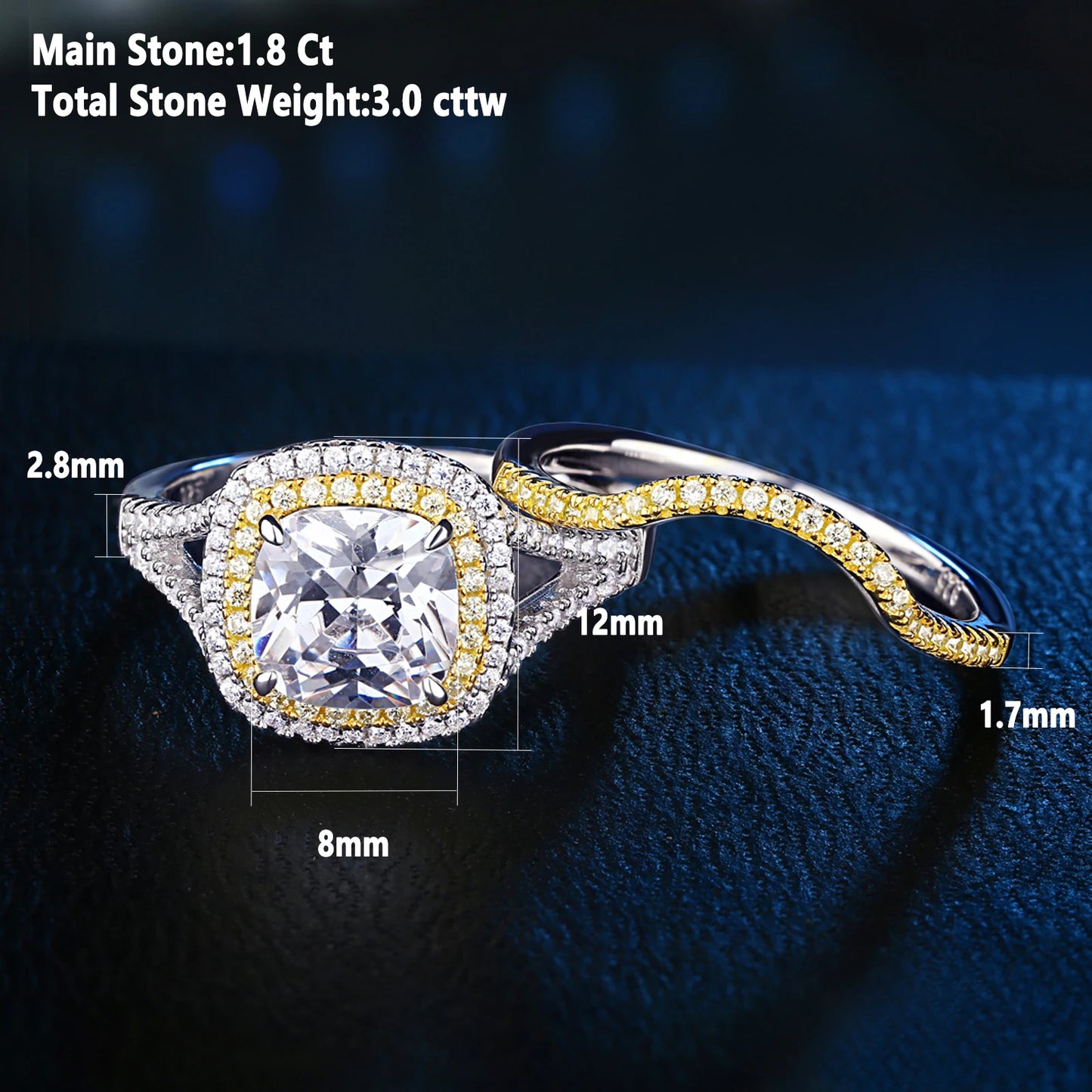 925 Silver Jewelry Engagement Rings Halo Yellow Gold Wedding Band Bridal Set for Women 1.8Ct Cushion Cut AAAAA CZ