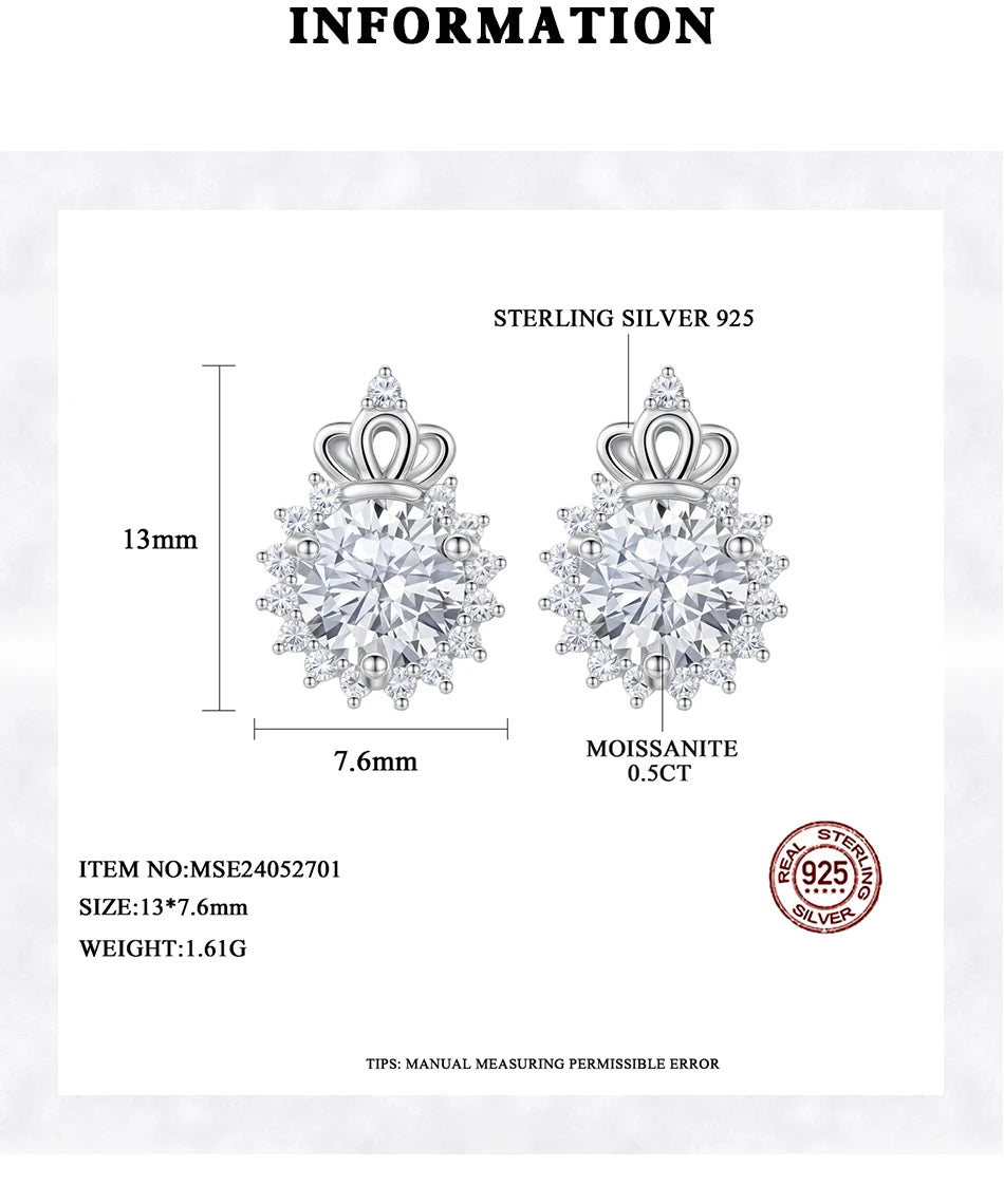 Crown shaped Moissanite diamond Earring Flower Wedding Sterling Stud 925 Fashion  Ladies Woman stud earring