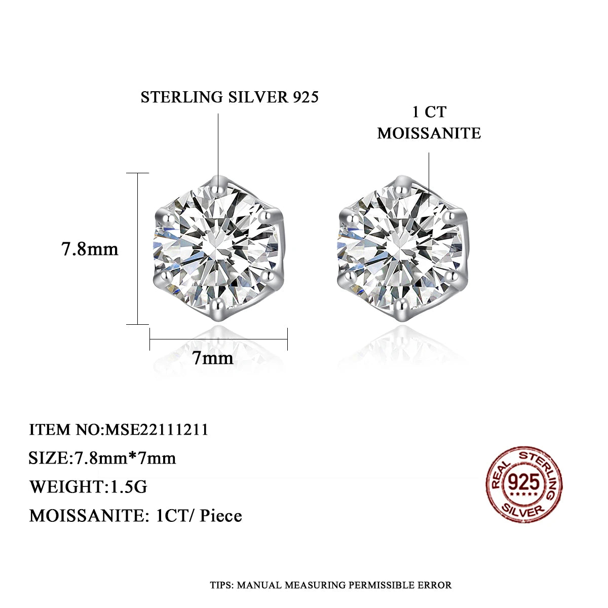 Classic Design Simple Round Moissanite Earrings Studs Six Claw Trendy Women And Men Ear Studs 0.5ct 1ct 2ct Choose Gifts