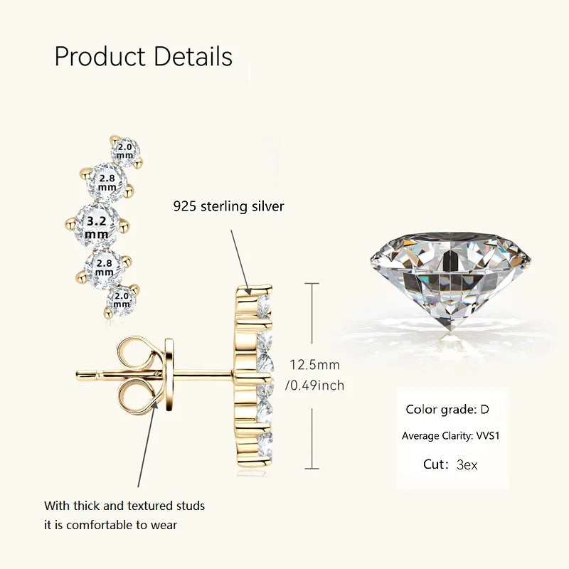 D Color Moissanite Jewelry Yellow Gold Plated Ear Crawler Earrings for Women 925 Silver Curved Stud Earrings Accessories