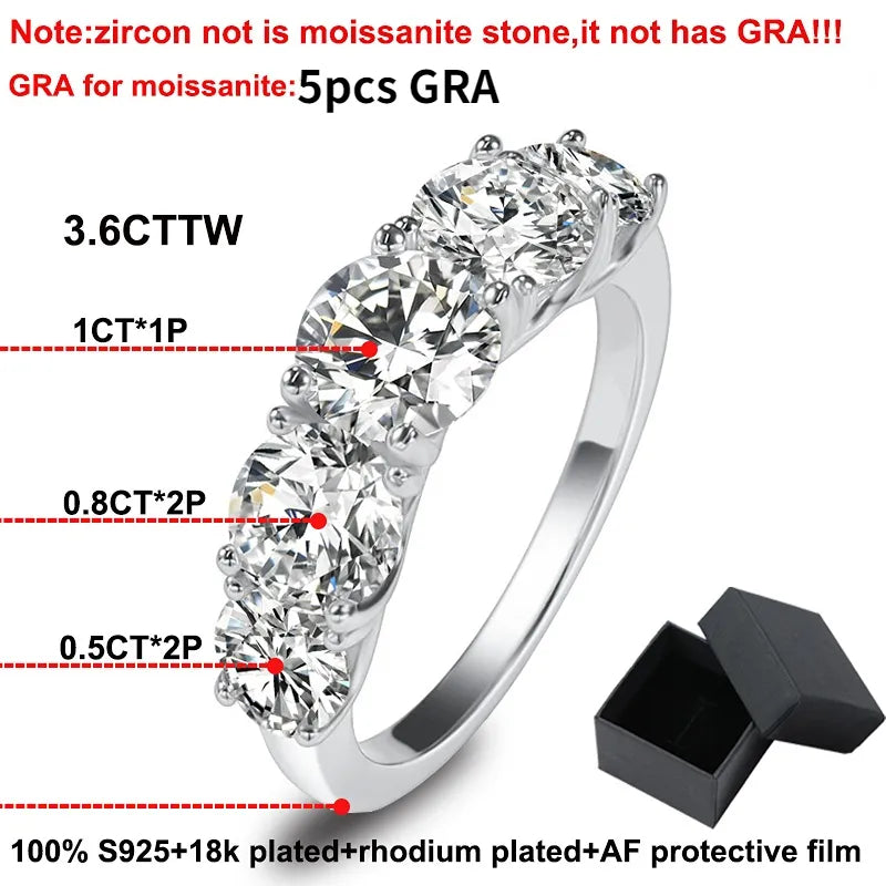 18k-Plated 3.6CT All Moissanite Rings for Women 5 Stones Sparkling Diamond Wedding Band S925 Sterling Silver Jewelry GRA