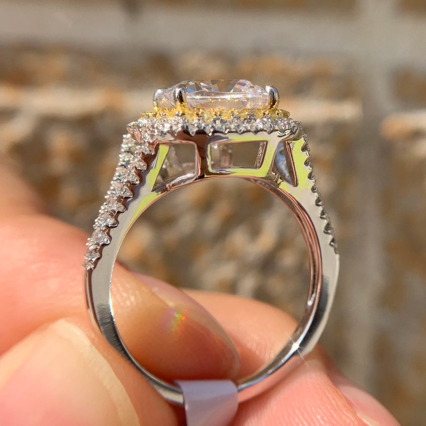 925 Silver Jewelry Engagement Rings Halo Yellow Gold Wedding Band Bridal Set for Women 1.8Ct Cushion Cut AAAAA CZ