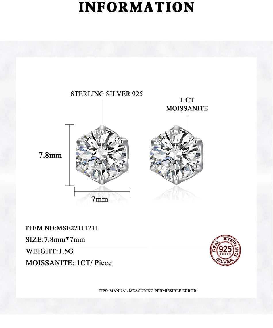 Classic Design Simple Round Moissanite Earrings Studs Six Claw Trendy Women And Men Ear Studs 0.5ct 1ct 2ct Choose Gifts