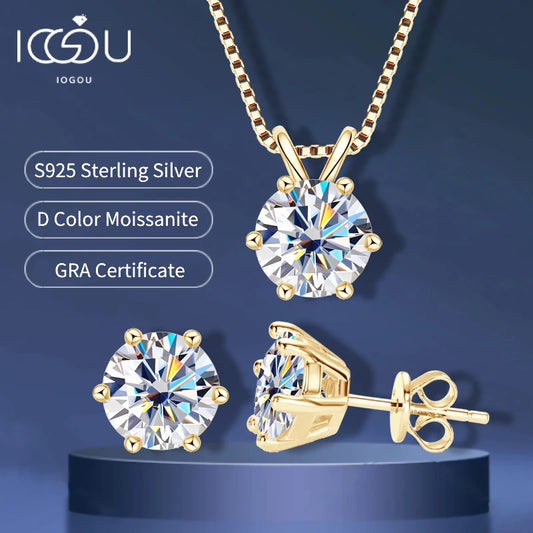 Real 925 Silver Moissanite Jewelry Set Gold Plated 0.5-2ct Stud Earrings Solitaire Pendant Necklace Set for Women Men Gift