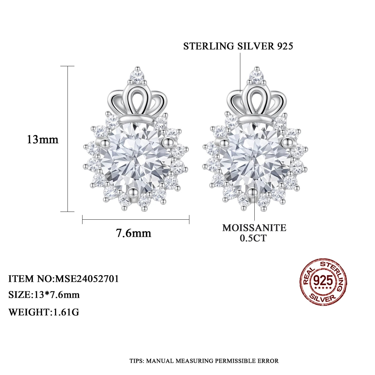 Crown shaped Moissanite diamond Earring Flower Wedding Sterling Stud 925 Fashion  Ladies Woman stud earring