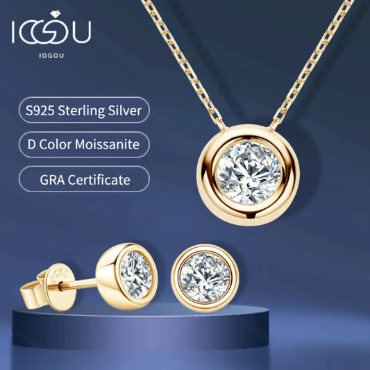 Real 3ct. D Color Moissanite Jewelry Set 925 Silver 18k Gold Plated Pendant Necklace Stud Earrings Set for Women Men Gift