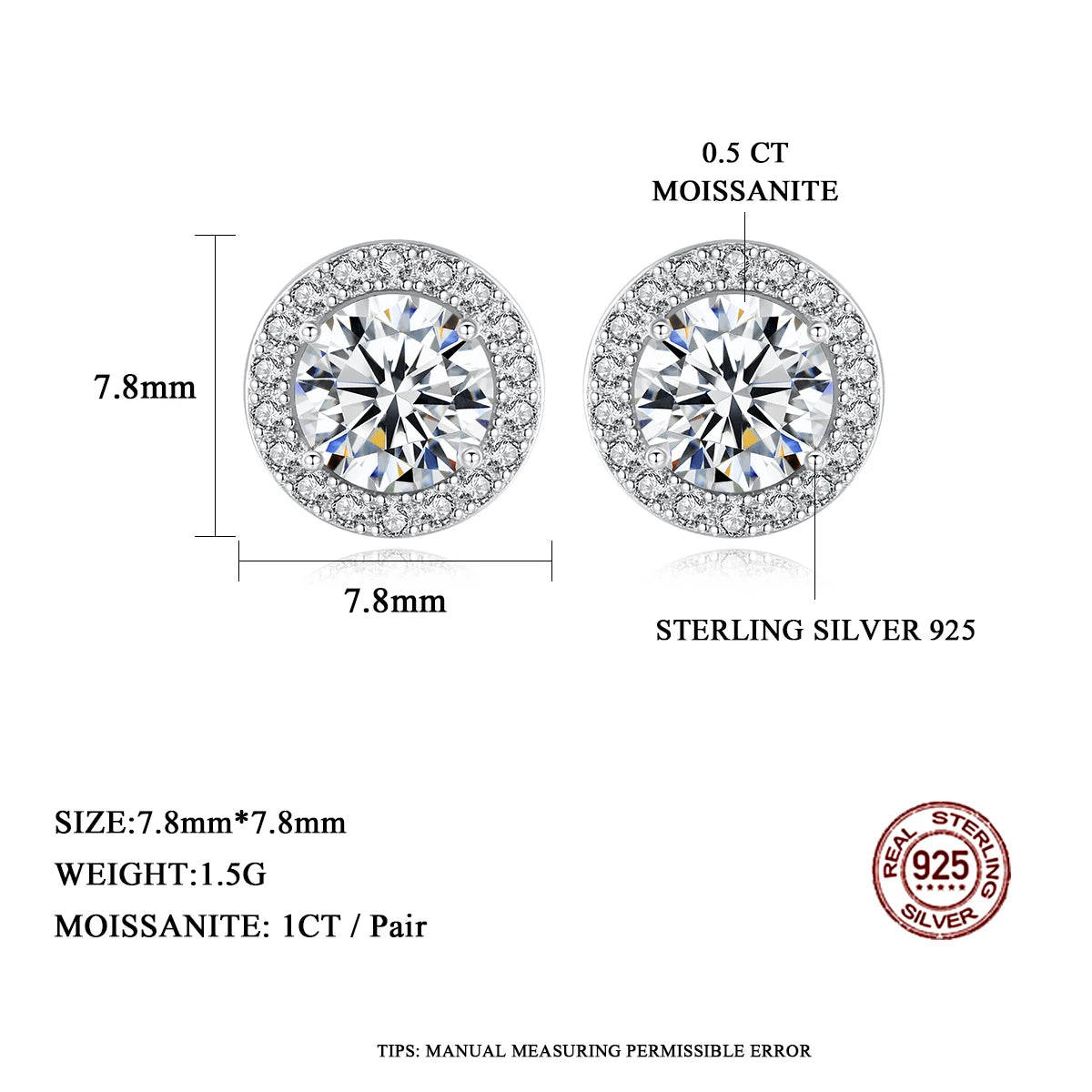Sterling Silver 925 Round Halo Moissanite Stud Earrings - 1 Ct Iced Out Certified Jewelry